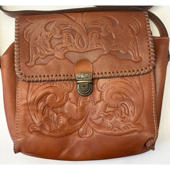 Patricia Nash Brown Tooled Italian Leather Crossbody Bag Western Style Clasp - Picture 2 of 16